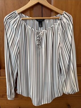 White House Black MarketWhite Striped Peasant Blouse with Tie Neck - White/Black